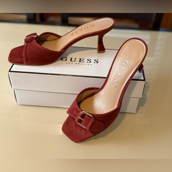 Guess Shoes - Guess Women's Dista Buckle Kitten Heel Dress Suede Sandals Dark Red Size 9M